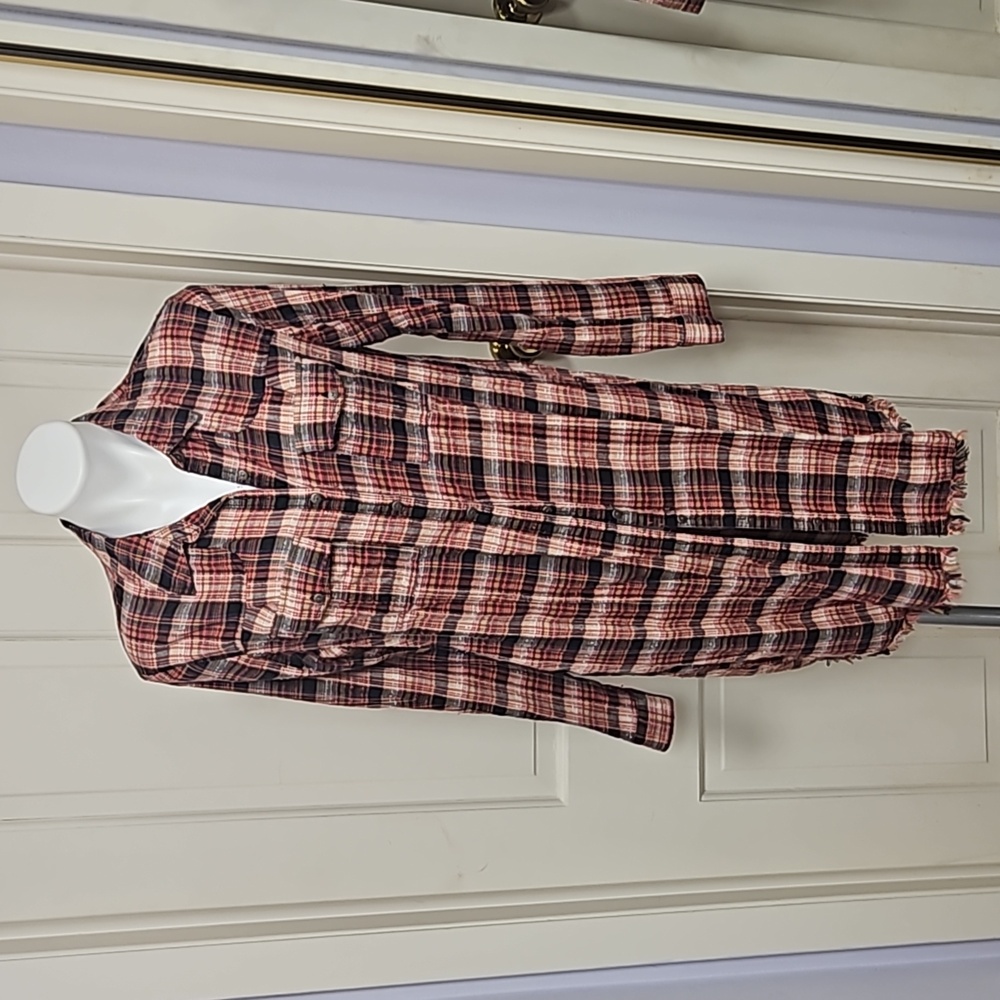 Free people woven cotton plaid shirt jacket dress
